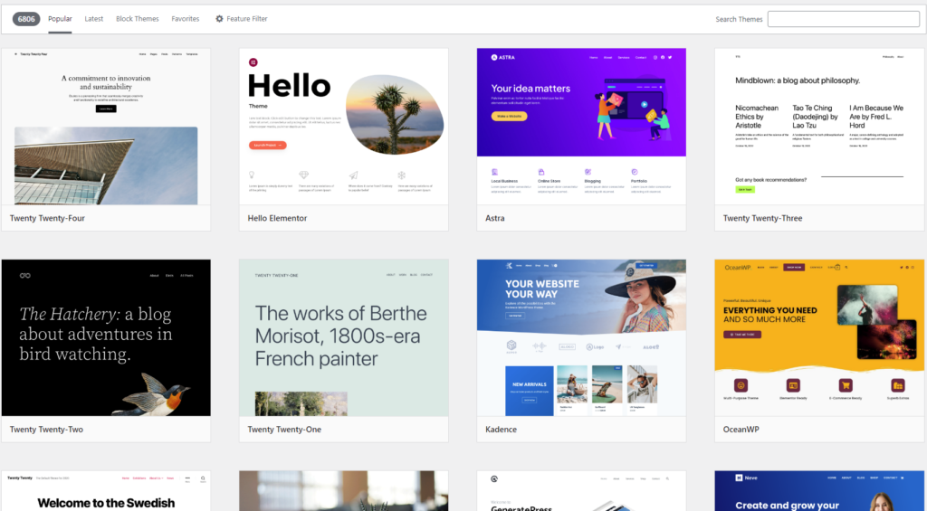 screenshot of the themes page in wordpress