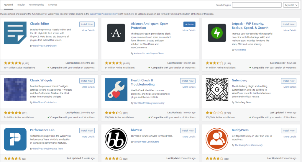 screenshot of the plugins page in wordpress